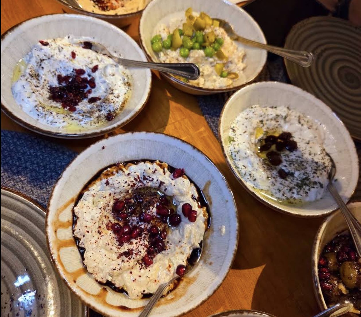 Mezze bowls on a copper tray